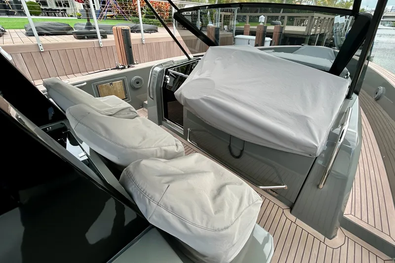 Odessa Mama Yacht Photos Pics 2023 Pardo Yachts 43 cockpit with covered seating and sleek design.