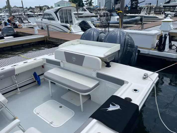  Yacht Photos Pics 2021 Steiger Craft 28 DV Chesapeake boat docked at marina with twin Yamaha outboard engines.