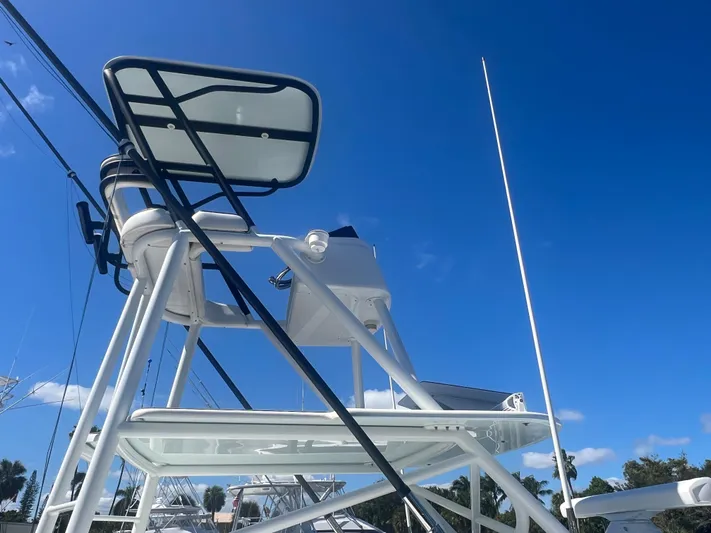 Do Dah Yacht Photos Pics 2017 Yellowfin 39 Offshore boat tower against a clear blue sky.
