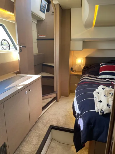  Yacht Photos Pics Luxurious interior of a 2018 Prestige 500 S yacht cabin with modern design.