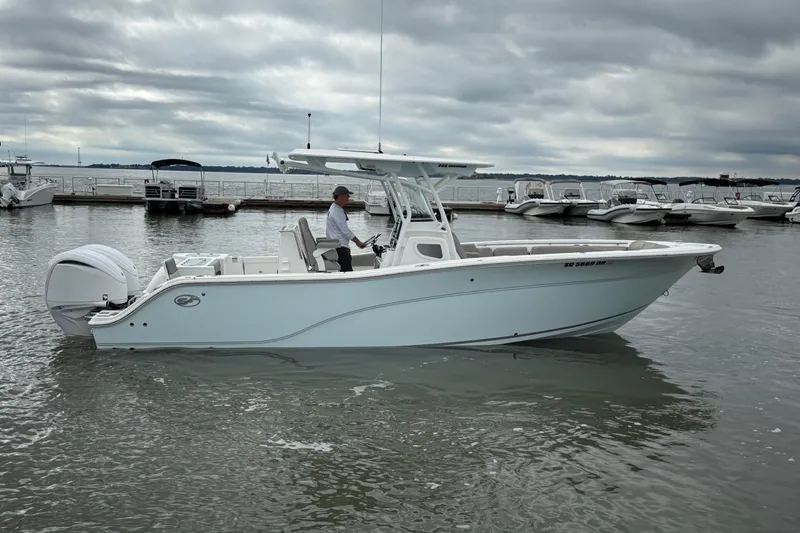  Yacht Photos Pics 2022 Sea Fox 288 Commander boat docked on a cloudy day.