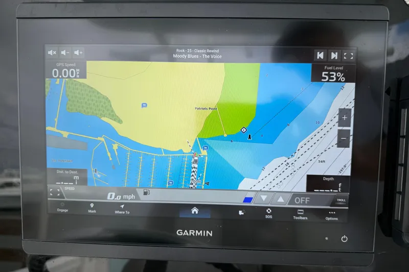  Yacht Photos Pics Garmin navigation display on 2022 Sea Fox 288 Commander, showing map and fuel level.