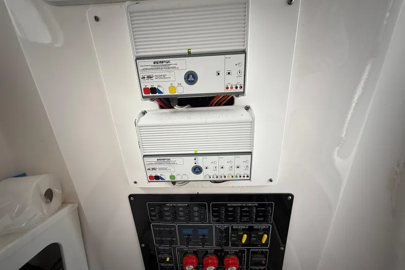  Yacht Photos Pics Electrical panel of 2022 Sea Fox 288 Commander boat with control switches and indicators.