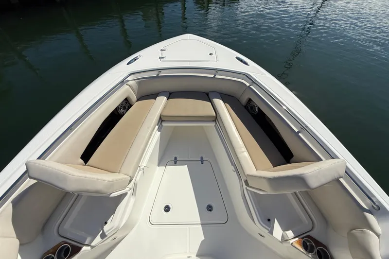 Gail Force Yacht Photos Pics 2023 Boston Whaler 360 Outrage boat with spacious bow seating and elegant design.