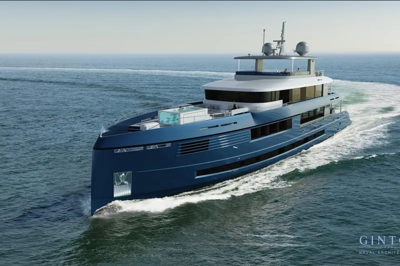 Stella Azura Yacht Photos Pics Luxurious 2026 Falcon Yachts 45 cruising on open sea, showcasing sleek modern design.