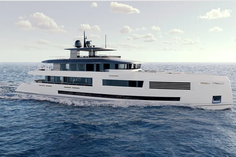 Stella Azura Yacht Photos Pics Luxury Falcon Yachts 45, 2026 model, cruising on open sea under clear skies.