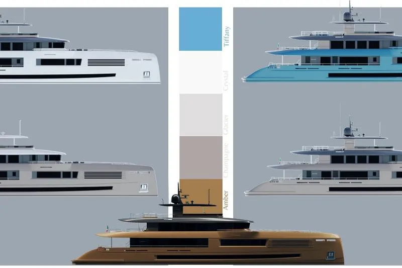 Stella Azura Yacht Photos Pics 2026 Falcon Yachts 45 color options: Tiffany, Crystal, Glace, Champagne, Amber.