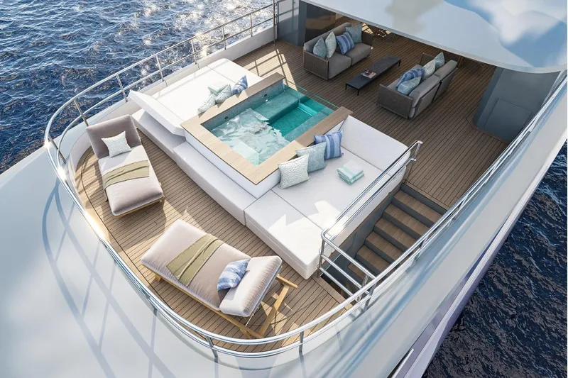 Stella Azura Yacht Photos Pics Luxurious Falcon Yachts 45 (2026) deck with jacuzzi, sun loungers, and ocean view.