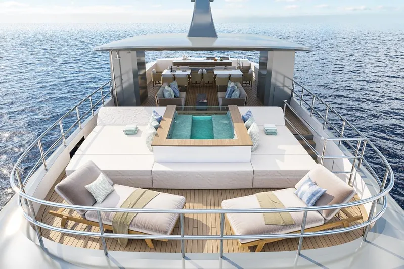 Stella Azura Yacht Photos Pics Luxurious Falcon Yachts 45 (2026) with sun deck, lounge chairs, and ocean view.