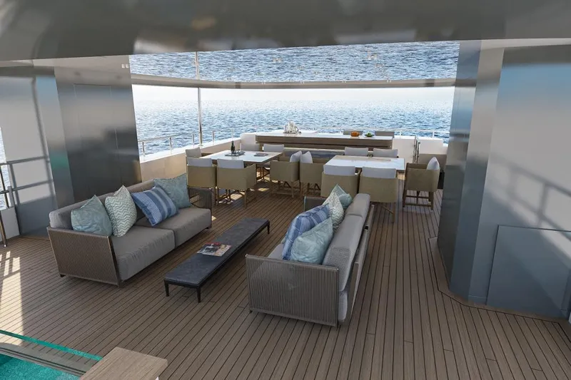 Stella Azura Yacht Photos Pics Luxurious Falcon Yachts 45, 2026 model, featuring elegant outdoor seating and dining area with ocean view.