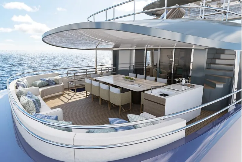 Stella Azura Yacht Photos Pics Luxurious 2026 Falcon Yachts 45 with elegant outdoor seating and dining area on the ocean.