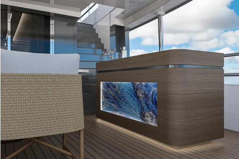 Stella Azura Yacht Photos Pics Luxurious interior of 2026 Falcon Yachts 45, featuring elegant bar and modern design elements.