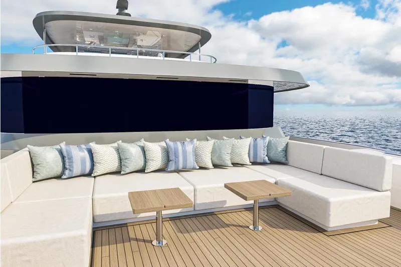 Stella Azura Yacht Photos Pics Luxurious Falcon Yachts 45, 2026 model, featuring elegant outdoor seating and ocean view.