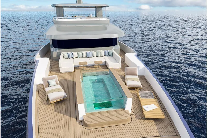 Stella Azura Yacht Photos Pics Luxurious Falcon Yachts 45 (2026) with deck pool and elegant seating on open sea.
