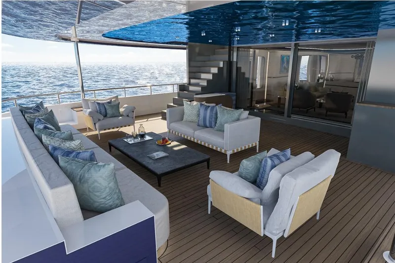 Stella Azura Yacht Photos Pics Luxurious Falcon Yachts 45 (2026) deck with elegant seating and ocean view.