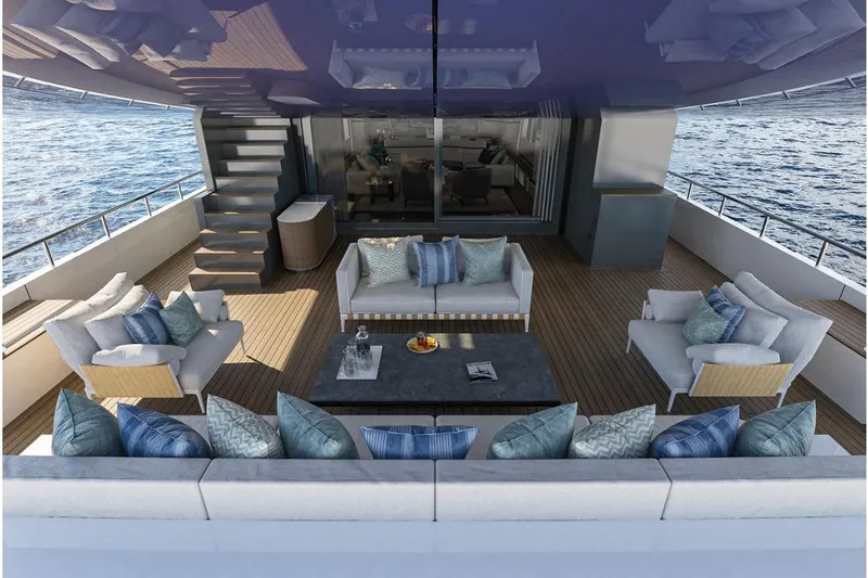 Stella Azura Yacht Photos Pics Luxurious deck of 2026 Falcon Yachts 45 with elegant seating and ocean view.