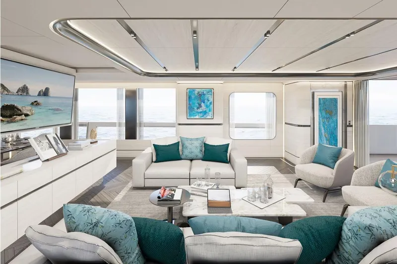 Stella Azura Yacht Photos Pics Luxurious interior of 2026 Falcon Yachts 45, featuring modern design and ocean views.