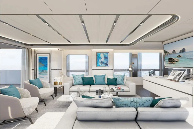 Stella Azura Yacht Photos Pics Luxurious interior of 2026 Falcon Yachts 45, featuring elegant seating and ocean views.