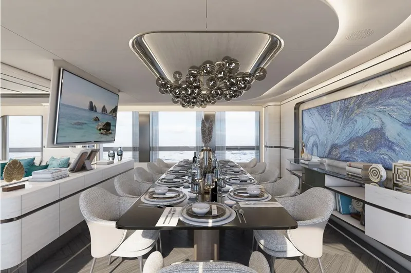 Stella Azura Yacht Photos Pics Luxurious dining area on 2026 Falcon Yachts 45, featuring elegant decor and ocean views.