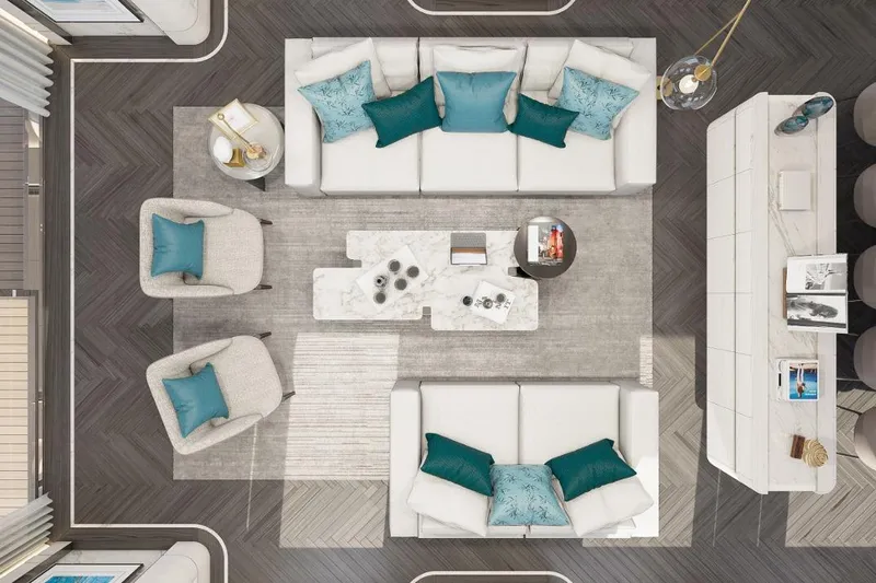 Stella Azura Yacht Photos Pics Luxurious Falcon Yachts 45 interior, 2026 model, featuring elegant seating and modern decor.