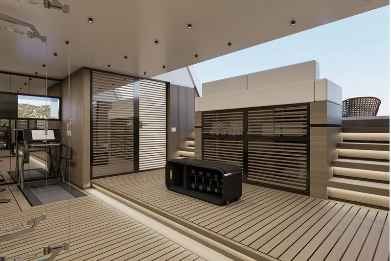 Stella Azura Yacht Photos Pics Luxurious interior of 2026 Falcon Yachts 45, featuring modern design and elegant wood finishes.