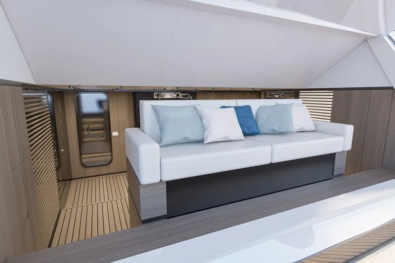 Stella Azura Yacht Photos Pics Luxurious interior of 2026 Falcon Yachts 45, featuring elegant seating and modern design.