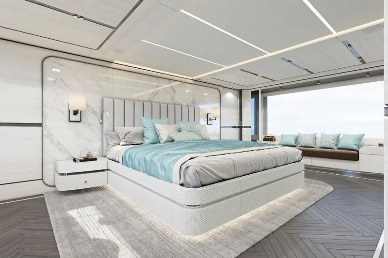 Stella Azura Yacht Photos Pics Luxurious bedroom interior of 2026 Falcon Yachts 45, featuring modern design and elegant decor.