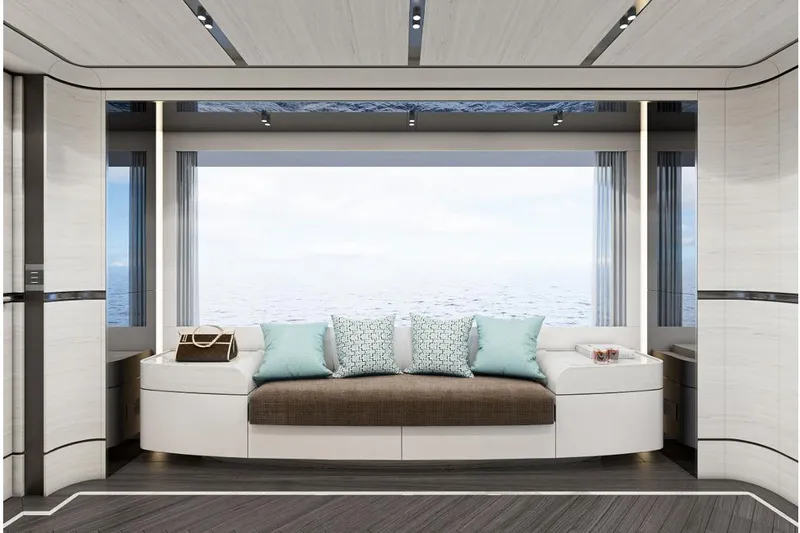 Stella Azura Yacht Photos Pics Luxurious interior of 2026 Falcon Yachts 45 with ocean view and elegant seating.