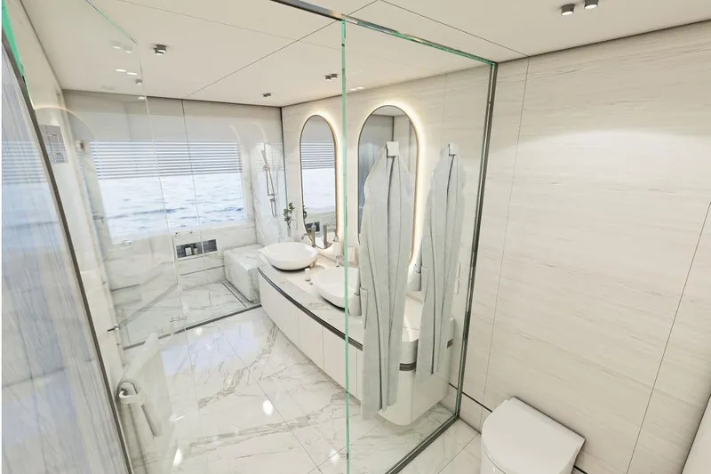 Stella Azura Yacht Photos Pics Luxurious bathroom in 2026 Falcon Yachts 45, featuring modern design and elegant fixtures.