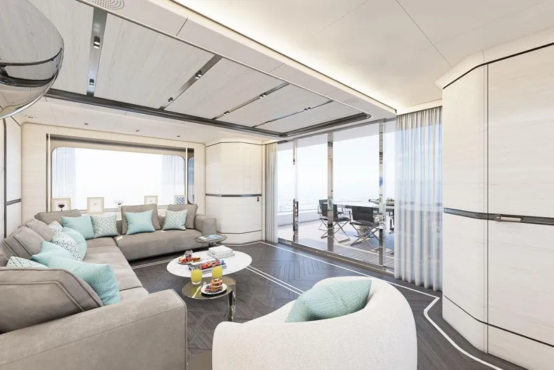 Stella Azura Yacht Photos Pics Luxurious interior of 2026 Falcon Yachts 45, featuring elegant seating and modern decor.