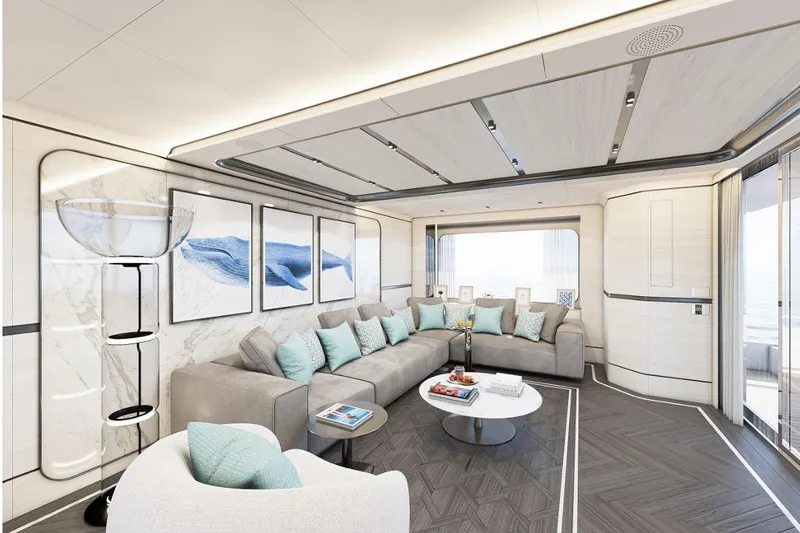 Stella Azura Yacht Photos Pics Luxurious interior of 2026 Falcon Yachts 45 with modern decor and elegant seating.