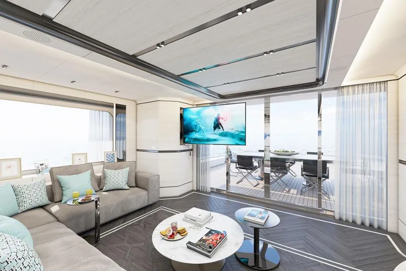 Stella Azura Yacht Photos Pics Luxurious interior of 2026 Falcon Yachts 45, featuring modern decor and ocean views.
