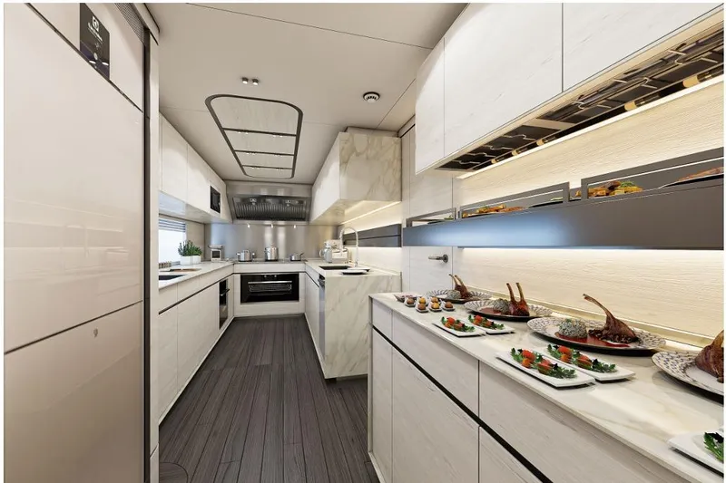 Stella Azura Yacht Photos Pics Luxurious kitchen interior of 2026 Falcon Yachts 45, featuring modern design and gourmet dishes.
