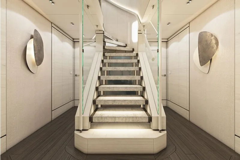 Stella Azura Yacht Photos Pics Luxurious interior of 2026 Falcon Yachts 45, featuring elegant staircase and modern design elements.