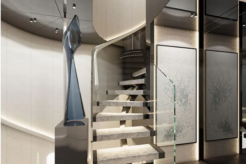Stella Azura Yacht Photos Pics Modern interior of Falcon Yachts 45, 2026 model, featuring elegant staircase and artistic decor.