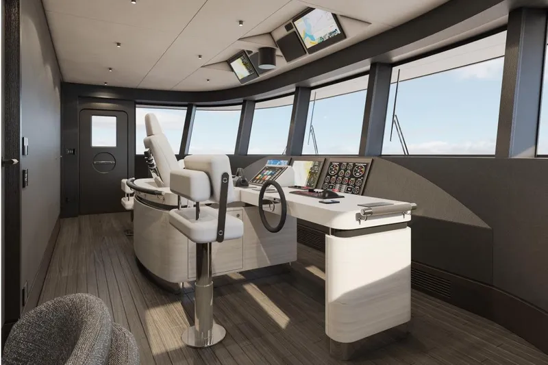 Stella Azura Yacht Photos Pics Modern helm of 2026 Falcon Yachts 45, featuring advanced navigation systems and sleek design.