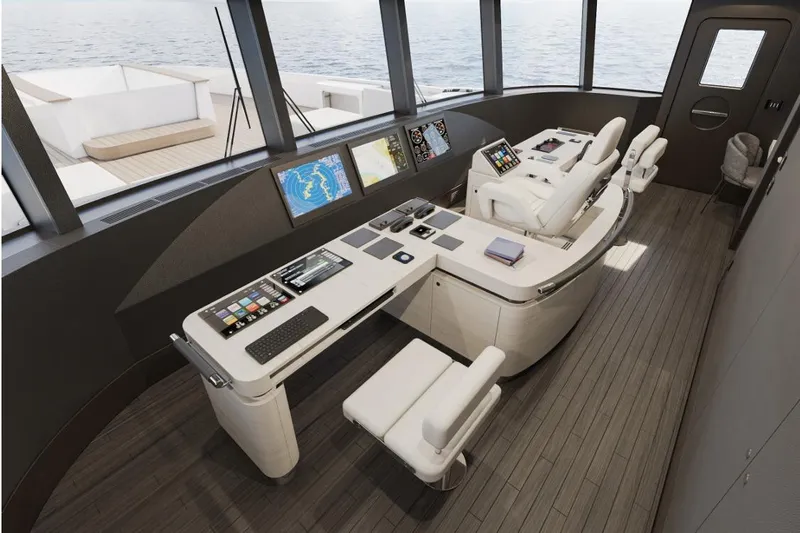 Stella Azura Yacht Photos Pics Modern helm station of 2026 Falcon Yachts 45, featuring advanced navigation technology and sleek design.