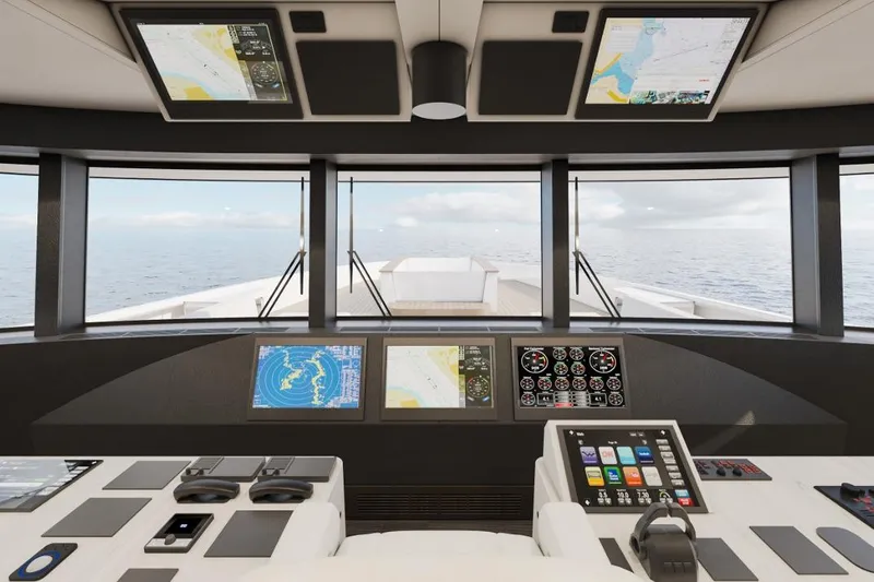 Stella Azura Yacht Photos Pics Modern cockpit of 2026 Falcon Yachts 45, featuring advanced navigation systems and ocean view.