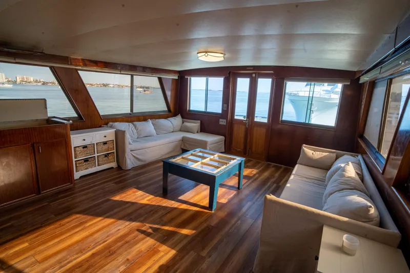 Hattrick Yacht Photos Pics Luxurious interior of 1981 Hatteras 61 Cockpit MY yacht with elegant wood flooring.