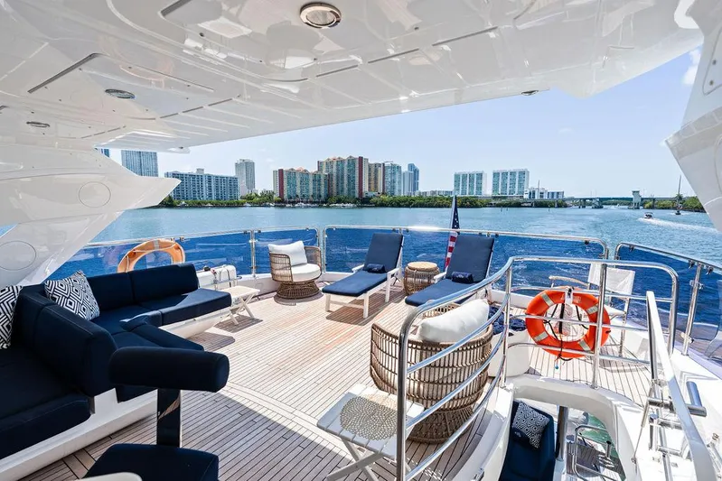 Sea Zar Yacht Photos Pics Luxurious 2019 Sunseeker 86 Yacht deck with city skyline and waterfront view.