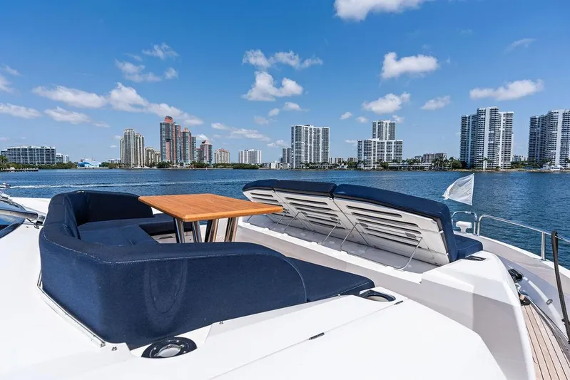 Sea Zar Yacht Photos Pics Luxurious 2019 Sunseeker 86 Yacht with city skyline and waterfront views.