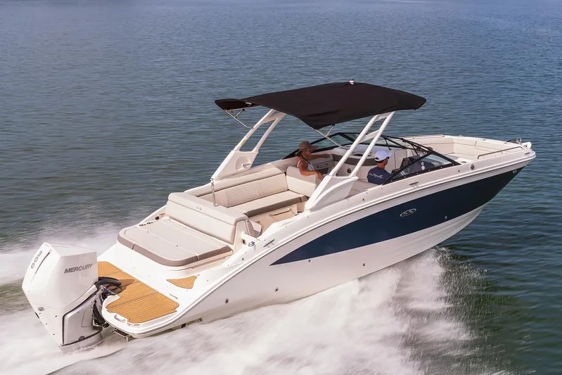  Yacht Photos Pics Manufacturer Provided Image: 2023 Sea Ray SDX 270 Outboard cruising on water, rear view.