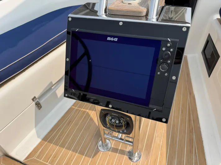 Dreamcatcher Yacht Photos Pics B&G navigation system on 2018 Hanse 348 yacht with wooden deck.