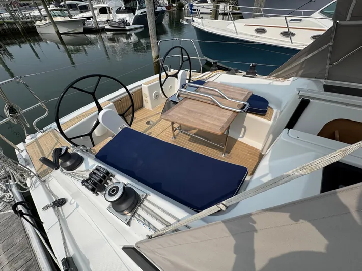 Dreamcatcher Yacht Photos Pics 2018 Hanse 348 sailboat cockpit with dual steering wheels and blue cushioned seating.