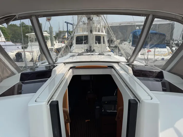 Dreamcatcher Yacht Photos Pics 2018 Hanse 348 yacht cockpit view with marina background.