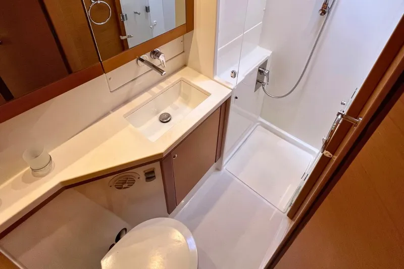 Take It Easy Yacht Photos Pics Modern bathroom in 2018 Lagoon 450 F yacht with shower and sink.