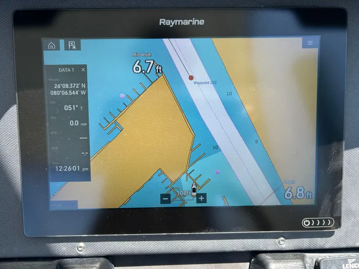 Aguabendita Yacht Photos Pics Raymarine navigation display on 2019 Monterey 345 Sport Yacht showing depth and coordinates.