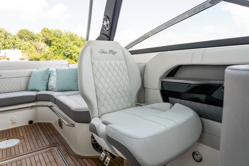  Yacht Photos Pics Manufacturer Provided Image: 2023 Sea Ray SLX 280 boat interior with luxurious seating and teak flooring.