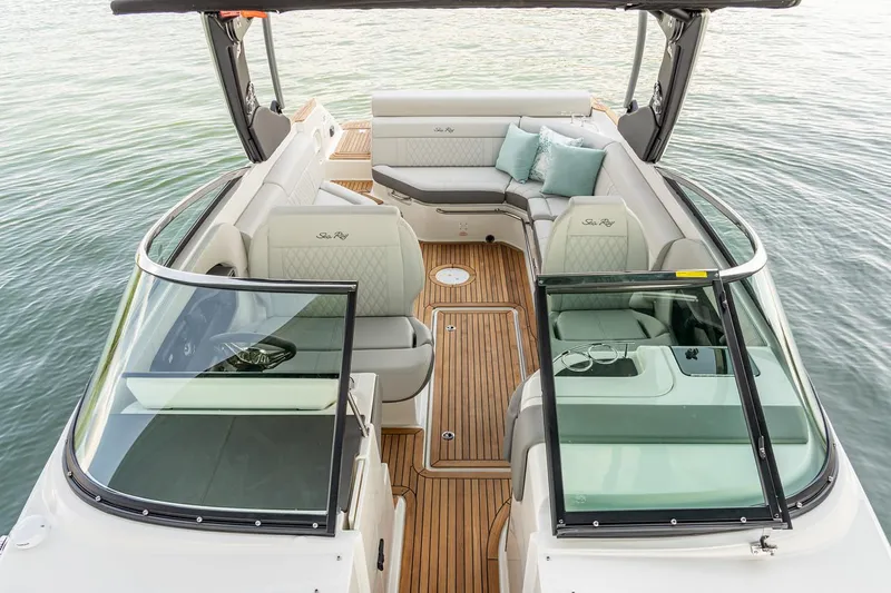  Yacht Photos Pics Manufacturer Provided Image: 2023 Sea Ray SLX 280 boat interior with luxurious seating and teak flooring.