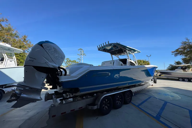  Yacht Photos Pics 2016 Nor-Tech 390 Sport Center Console boat with Mercury 400 engine on trailer.